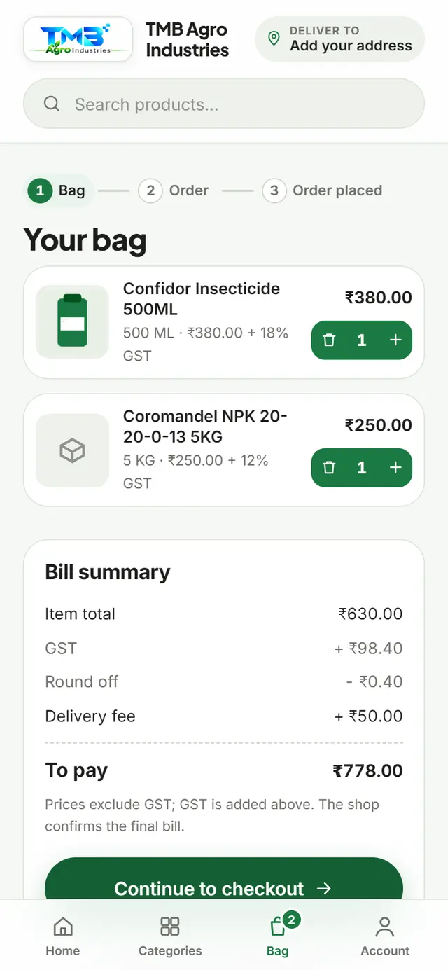 Customer order entry bag with bill summary on a phone