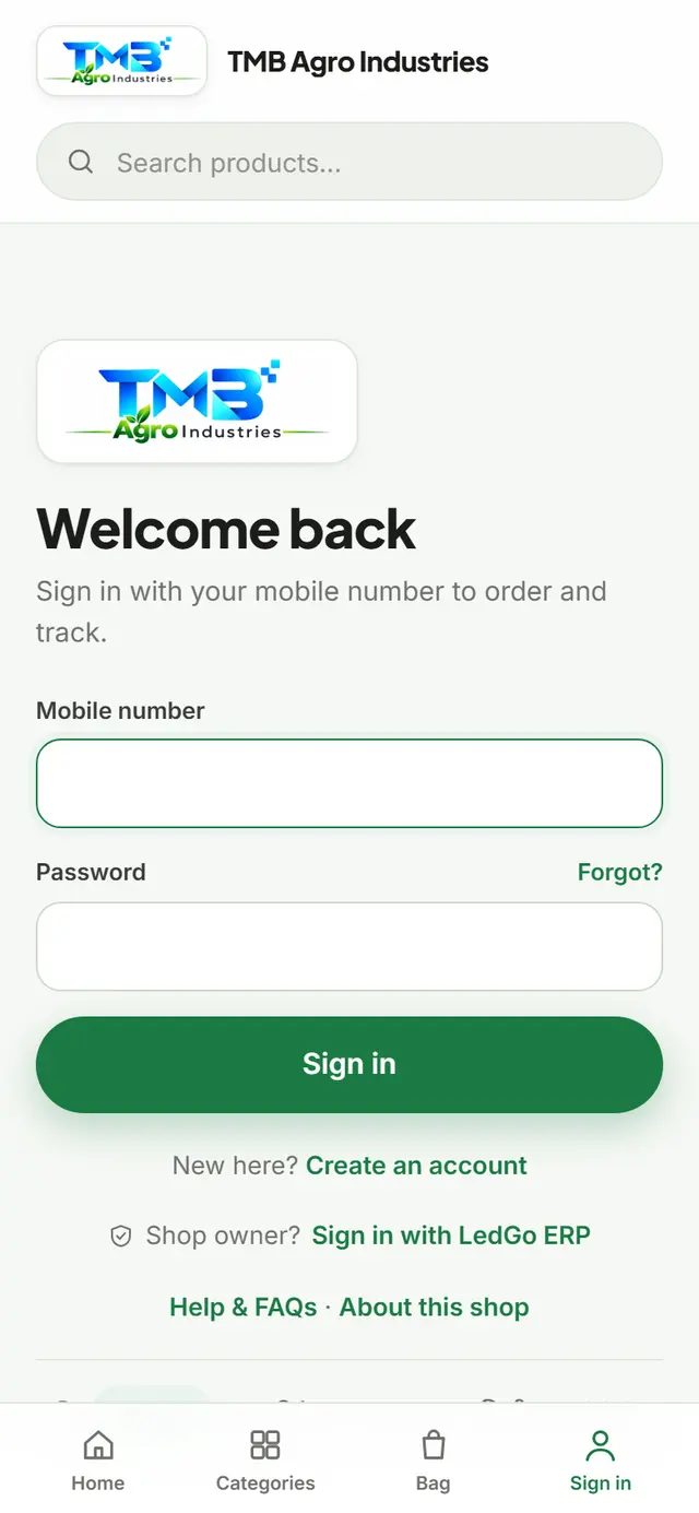 Customer order entry sign-in screen on a phone
