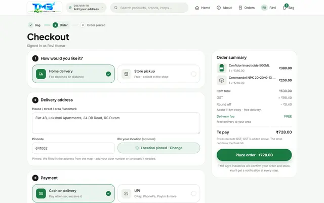 Customer order entry checkout with delivery address and payment