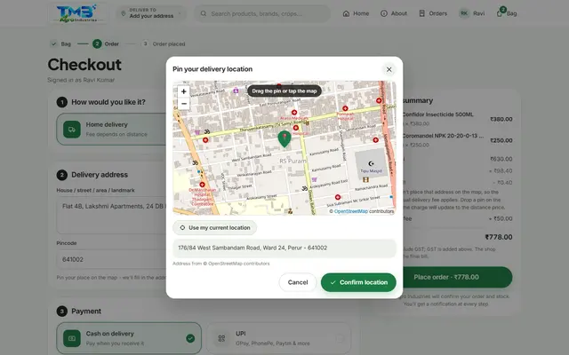 Customer order entry map pin for the delivery address