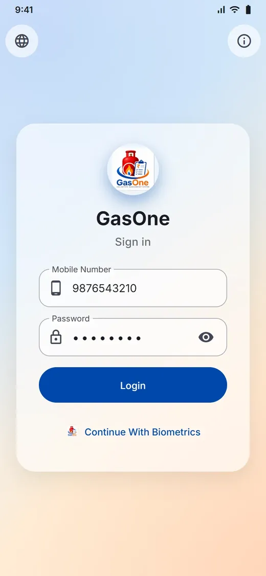 GasOne sign-in screen with mobile number and password