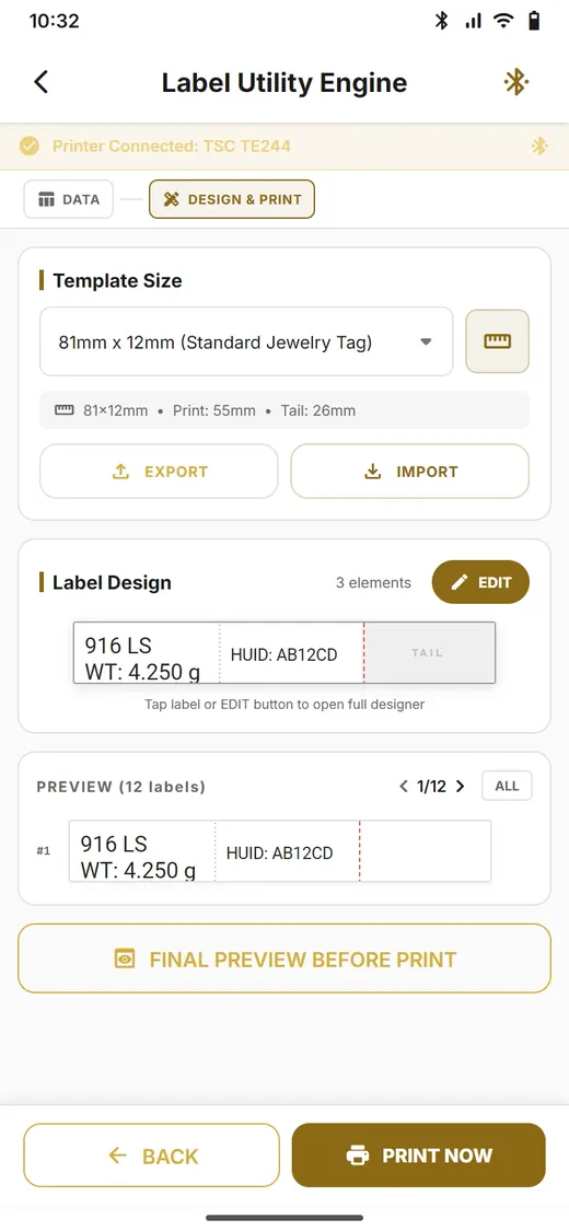 JB One tag designer with the standard 81 by 12 millimetre jewellery tag