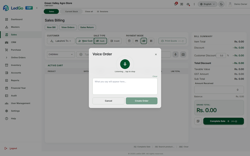 LedGo ERP Voice Order modal listening for a spoken sale on the billing screen