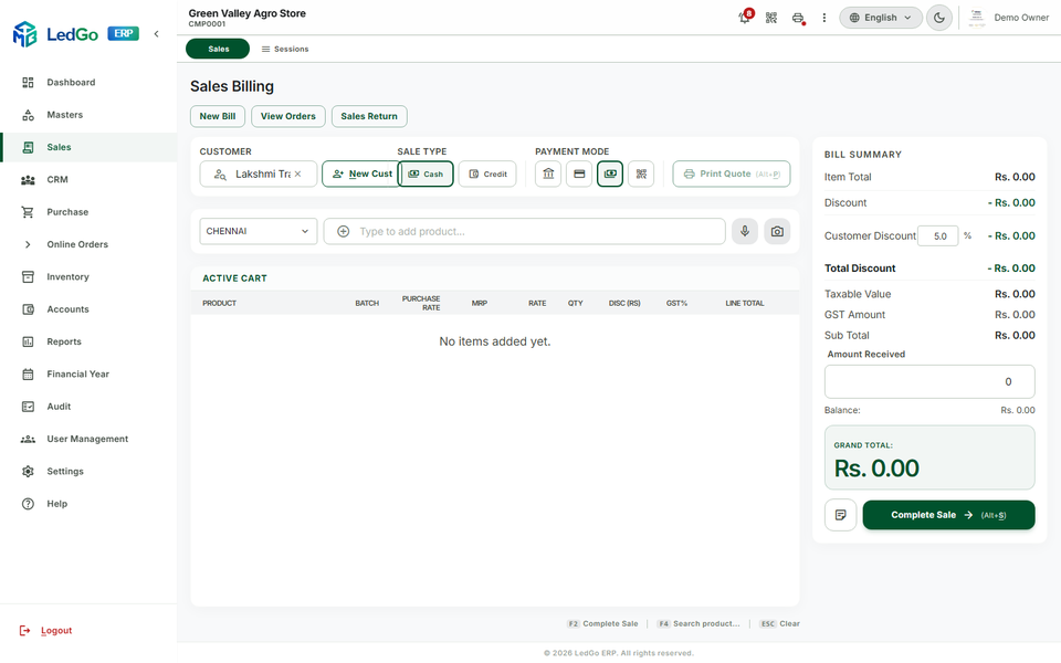 LedGo ERP Sales Billing screen with product search and live GST bill summary