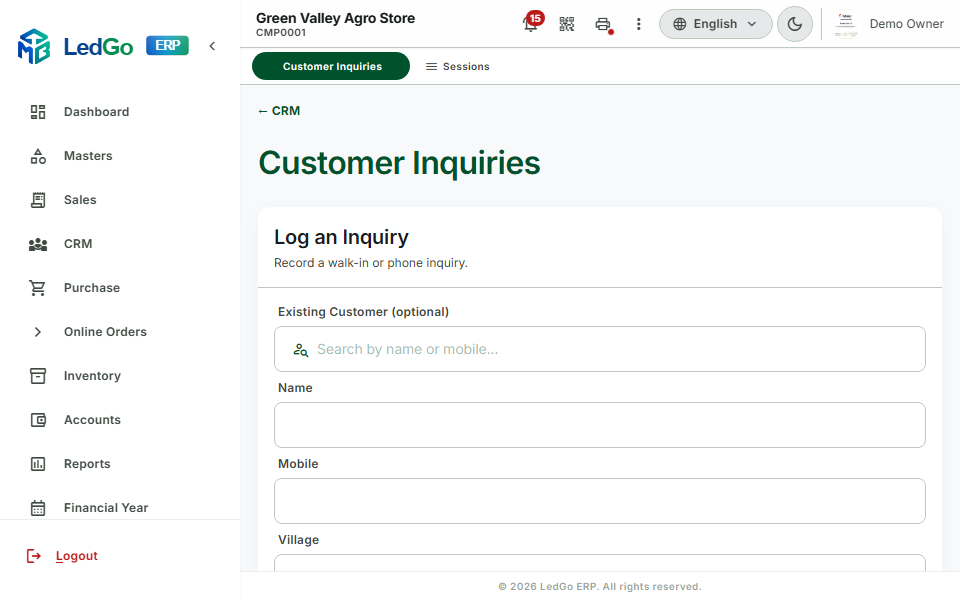 LedGo ERP Customer Inquiries screen logging a walk-in or phone inquiry