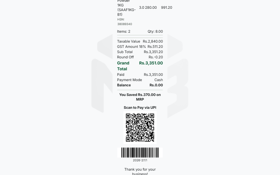 A real LedGo ERP thermal receipt showing a scannable UPI QR code and barcode