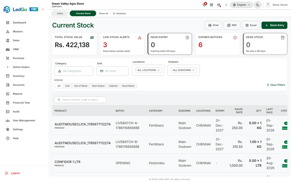 LedGo ERP Current Stock screen showing batch expiry, low stock alerts, and dead stock
