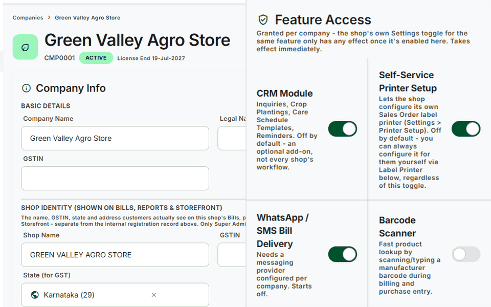 Super Admin control tower Companies list overseeing every shop on the platform