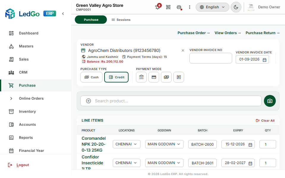 LedGo ERP Purchase Entry screen with vendor, batch, and expiry captured line by line