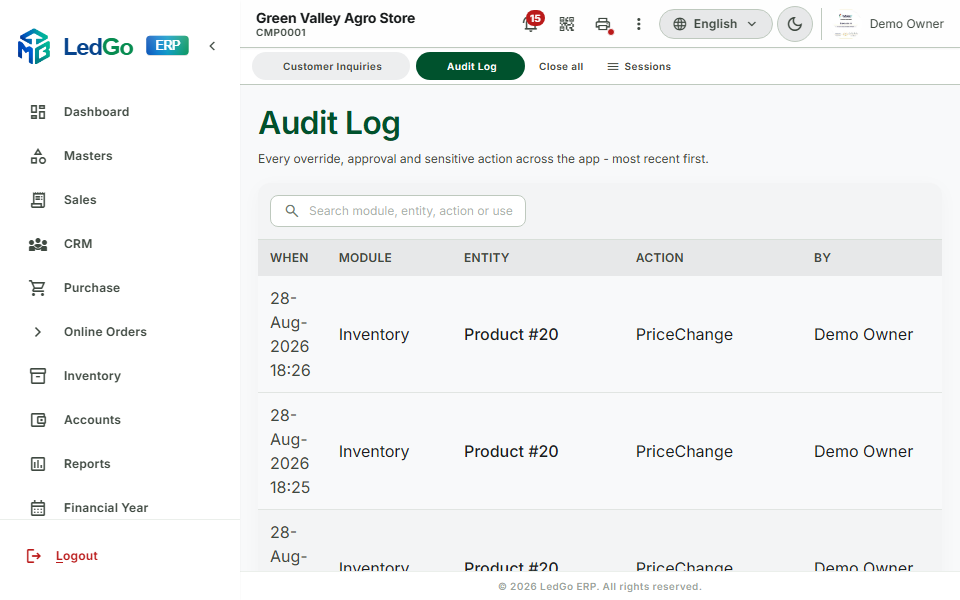 LedGo ERP Audit Log screen attributing every override and sensitive action to who, what, and when