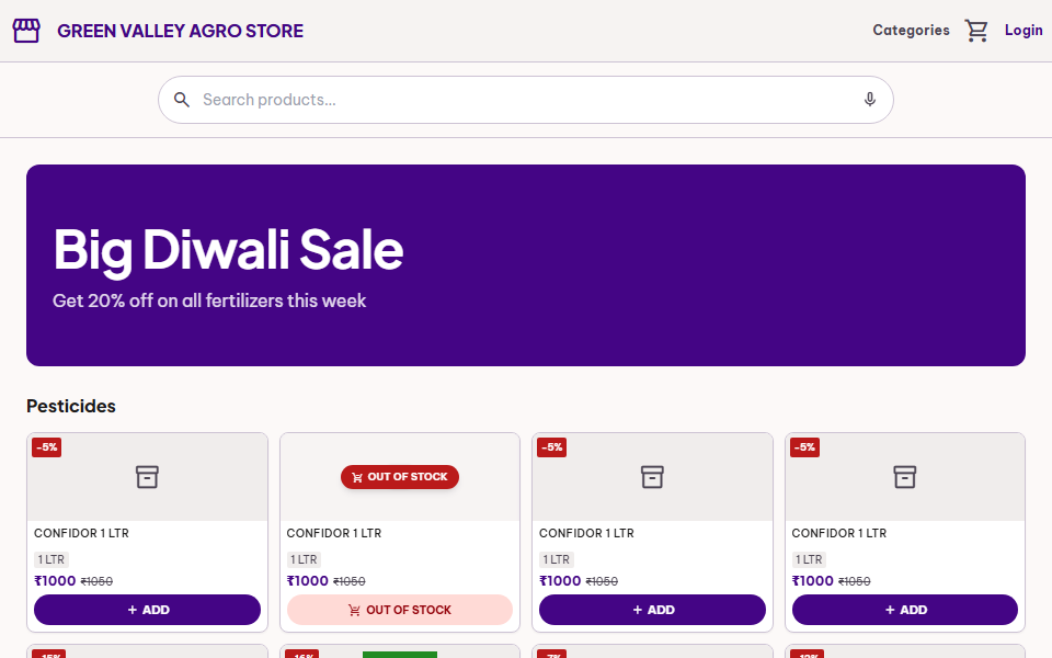 A shop's own branded LedGo public storefront with live catalogue and promotional banner