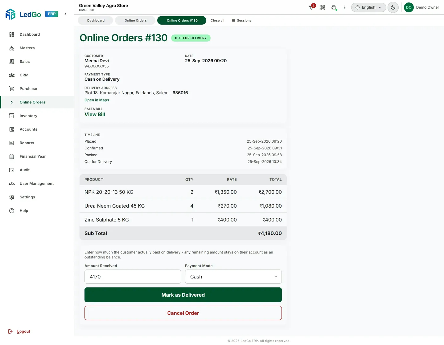 Online order detail for an order out for delivery, with timeline, address and Mark as Delivered