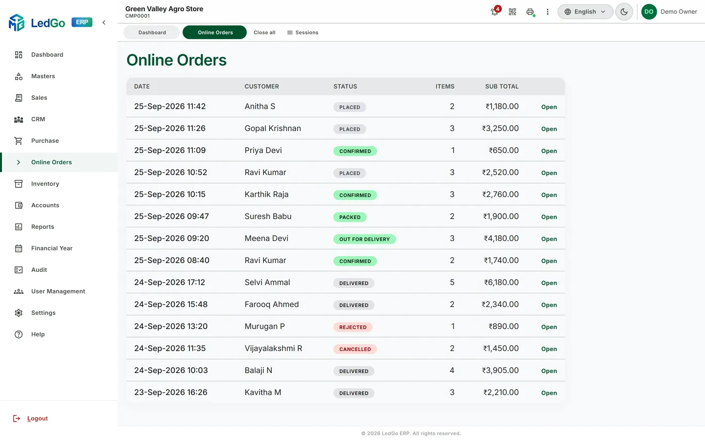 LedGo ERP Online Orders list with status pills