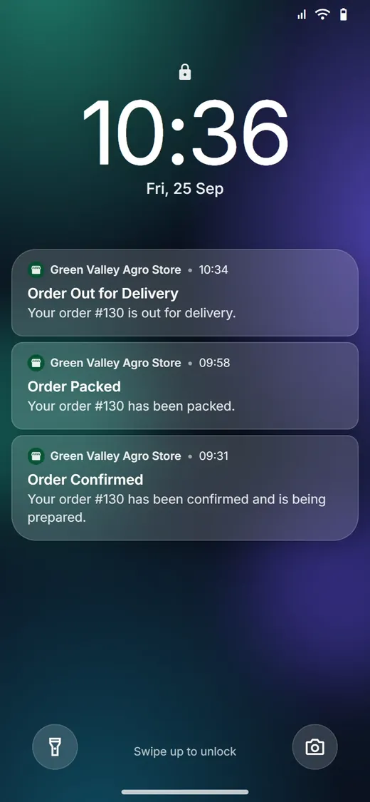 Android lock screen showing order status push notifications from the shop