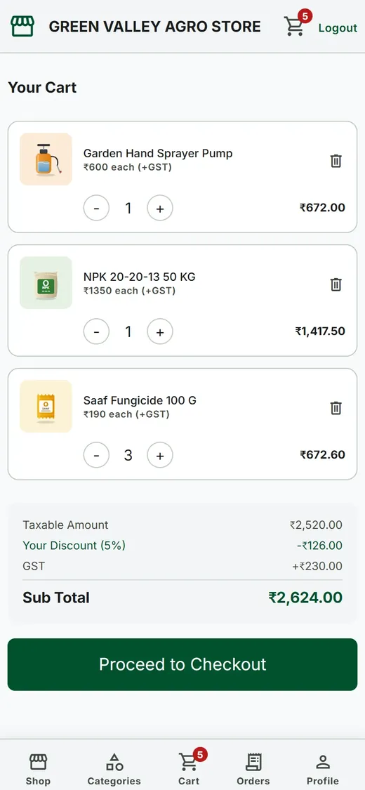 Customer cart with quantity steppers, discount and GST breakdown and a Proceed to Checkout button