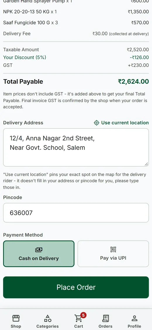 Checkout screen with delivery address, pincode, payment method and Place Order