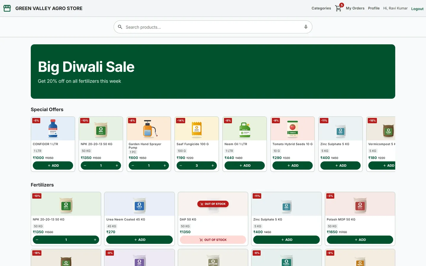 Green Valley Agro Store online store on desktop with a five-column product grid, Special Offers strip and cart badge