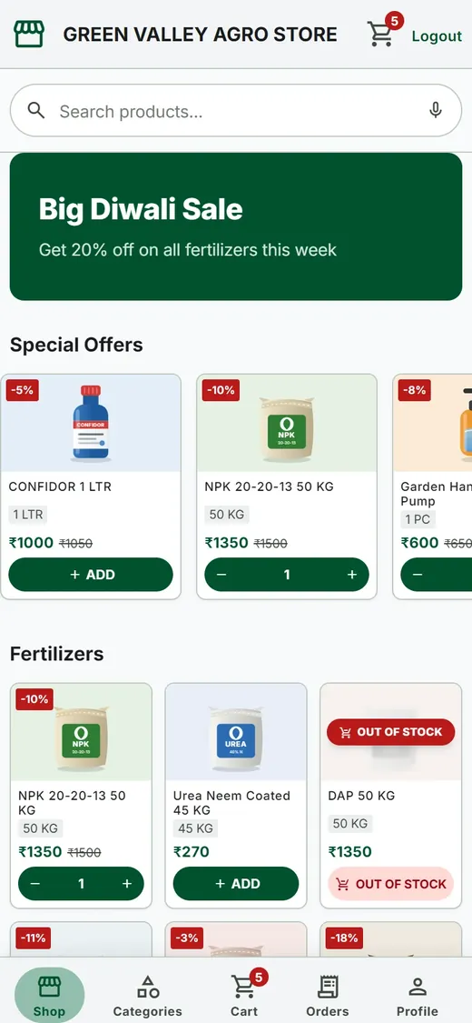Green Valley Agro Store online store on a phone: search bar, Big Diwali Sale banner, Special Offers strip and Fertilizers grid with Add, quantity stepper and Out of Stock cards