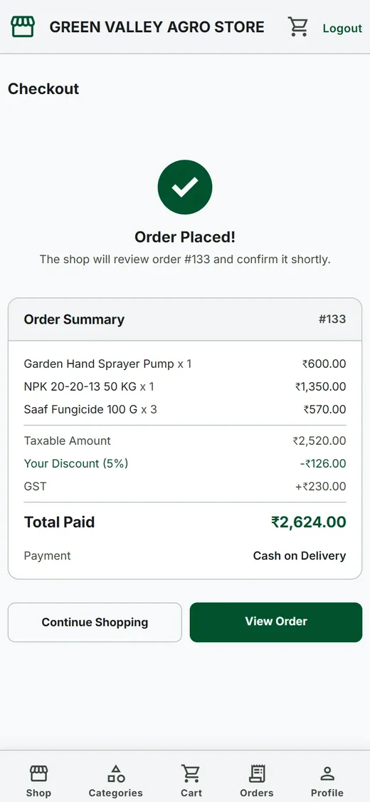 Order Placed confirmation with order summary