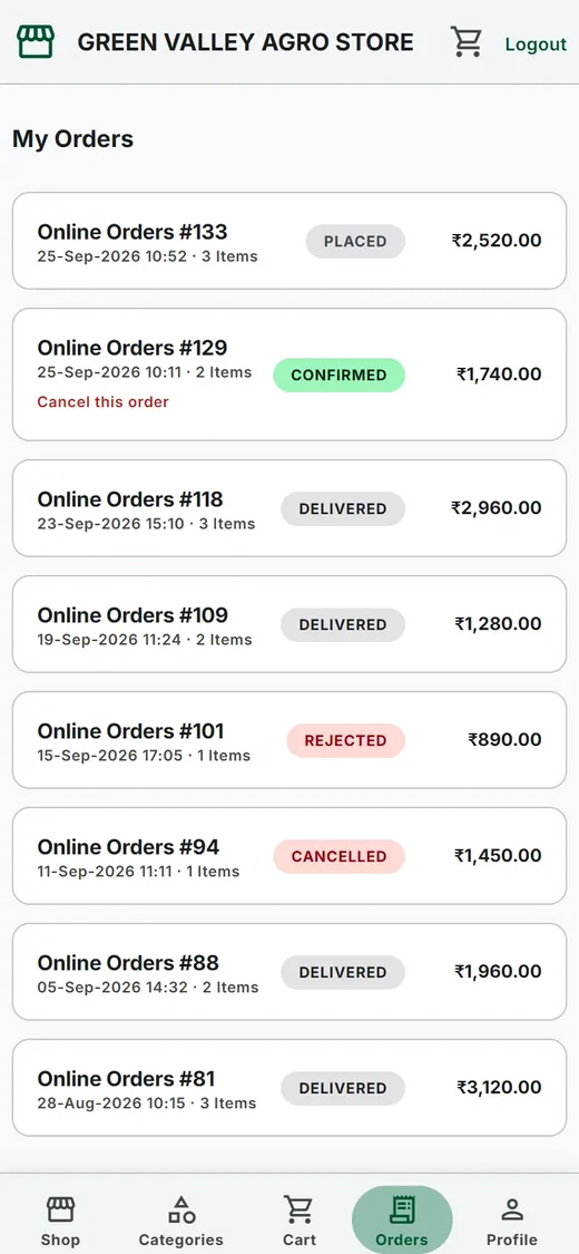 My Orders list showing order status pills and a Cancel this order link
