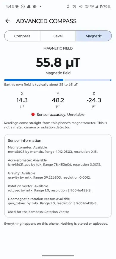 TMB Brows Advanced Compass, Magnetic tab showing a microtesla reading